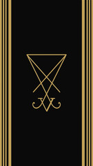 Sigil of Lucifer and golden lines. 3D rendering. Black background