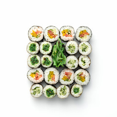 Sushi and Sashimi Set, nori maki rolls with green seaweed isolated on white background. Classic Japanese food. Healthy Oriental meal. Wellness concept. Flat lay. Top view. Copy space.