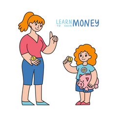 Mother teaches her daughter to save money. Girl with piggy bank and coin in hands. Cartoon flat vector illustration isolated on white background. Pocket money, money saving for kids concept. 