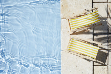 Swimming pool and empty resting chair with shadow. Top view.