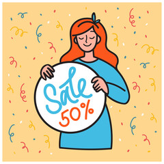 Cartoon redhead young woman holding sign with 50% sale lettering in hands. Flat vector illustration for advert, web banner, social media. Discount announcement, sell-out offer concept. 