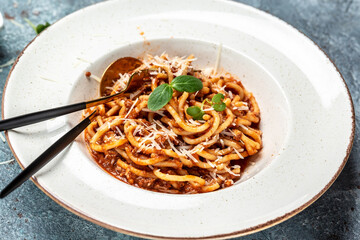 Italian pasta bolognese. Traditional italian spaghetti bolognese, Top view