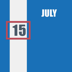 july 15. 15th day of month, calendar date.Blue background with white stripe and red number slider. Concept of day of year, time planner, summer month