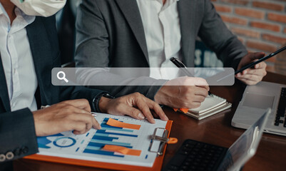 Concept of digital diagram, graph interfaces, virtual screen,connections icon, team doing business meeting working with startup project in office.