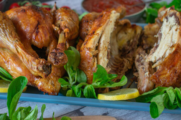 Roast chicken dinner with homemade barbecue sauce