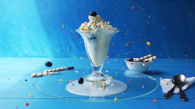 Blueberries and colorful sprinkles fall into a glass ice cream cup that spins on a glass tray on a blue wooden table against a light blue background. Slow motion video with speed up, down effect.