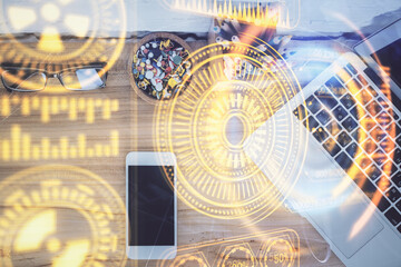 Multi exposure of technology theme drawing over table with phone. Top view. Concept of hightech.