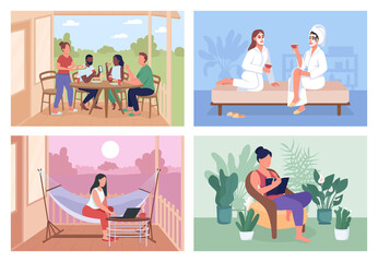 Home party flat color vector illustration set. Relaxation in summer. Weekend leisure activity. Friends 2D cartoon characters with indoor and outdoor cozy space on background collection