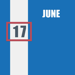 june 17. 17th day of month, calendar date.Blue background with white stripe and red number slider. Concept of day of year, time planner, summer month