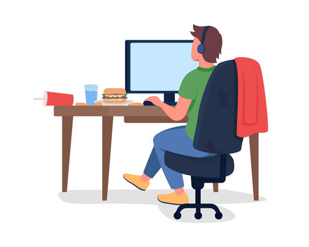 Man at computer desk semi flat color vector character. Bad habits. Sitting figure. Full body person on white. Gaming isolated modern cartoon style illustration for graphic design and animation