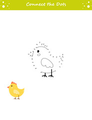 We draw a chicken. Dot to dot. Draw a line. Game for toddler. Learning numbers for kids. Education developing worksheet. Isolated vector illustration. Cartoon style.