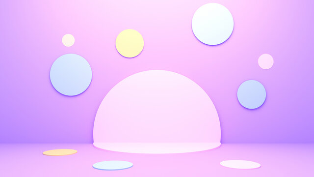 3d rendered picture of pastel purple circles room.