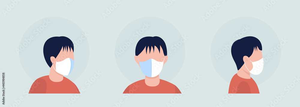 Poster wearing thin white mask semi flat color vector character avatar set. portrait with respirator from f