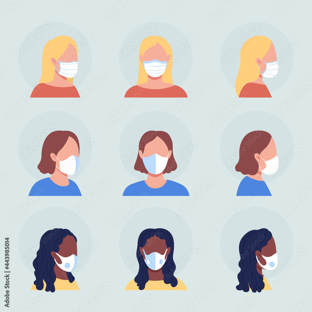 Poster ladies with white masks semi flat color vector character avatar set. portrait with respirator from f