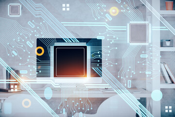 Multi exposure of data theme drawing and office interior background. Concept of technology.