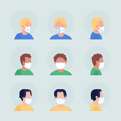 Coronavirus masks semi flat color vector character avatar set. Portrait with respirator from front and side view. Isolated modern cartoon style illustration for graphic design and animation pack