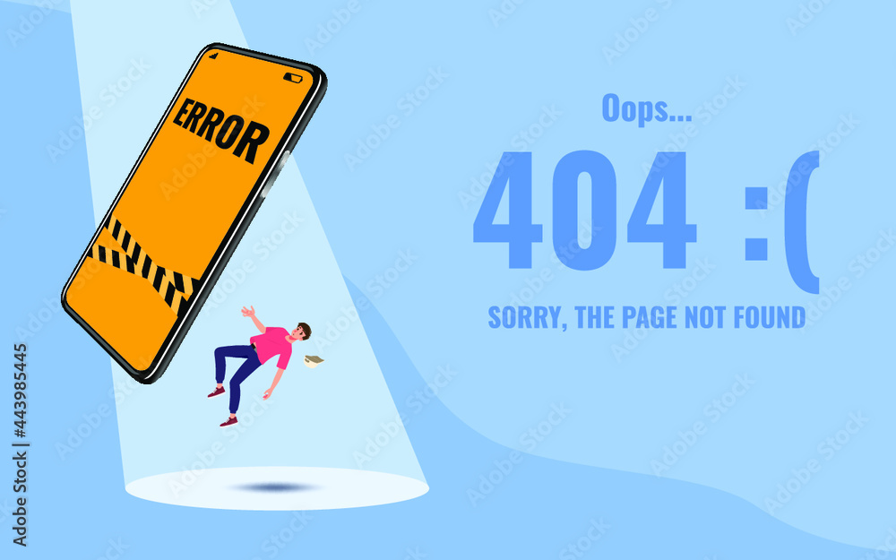 Poster flat error 404 sign layout yellow screen on a mobile phone with a man floating in the air and text s