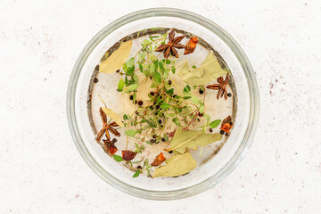 A brining solution comprising bay leaves, sage, garlic, peppercorns, honey, suitable for turkey, chicken, pork