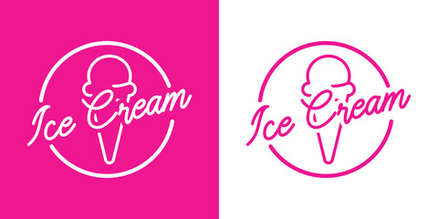 Logotipo con texto Ice Cream con helado de cono en círculo con lineas en fondo rosa y fondo blanco