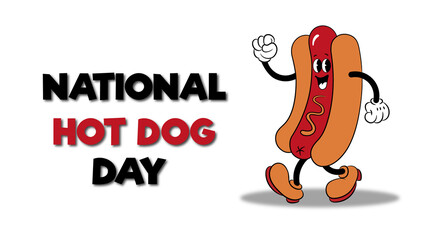 National Hot Dog Day July 21. Cartoon hot dog with mustard, American flag, and lettering. Food concept. Poster, card, banner.