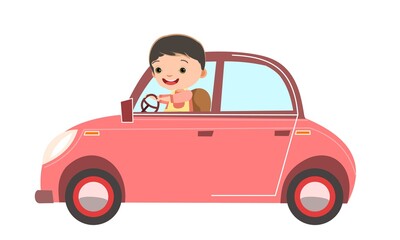 Childrens car. Kid rides on pink retro automobile. Toy vehicle. With a motor. Cute passenger auto. Isolated on white background. Vector