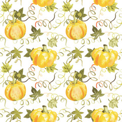 Boho watercolor fall pumpkin seamless pattern for fabric. Autumn pumpkin repeat for nursery, baby shower, packaging, halloween, thanksgiving