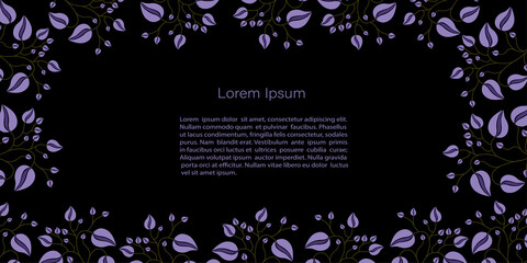 Stylish vector template in black and purple colors with space for text. Black background and framing of purple fairy flowers for invitation, cards or banner and  poster, Landing Page
