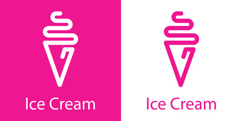 Logotipo con texto Ice Cream con helado de cono minimalista con lineas en fondo rosa y fondo blanco
