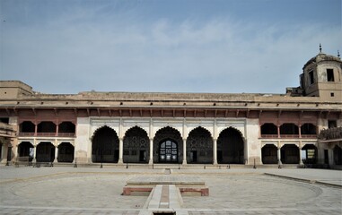 LAHORE FORT, PAKISTAN - MARCH 06, 2018: iconic view of sheesh mahal courtyard for background,...