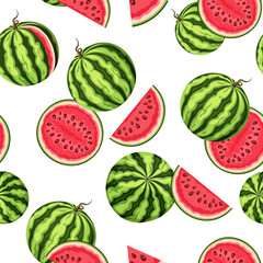 Vector seamless pattern with watermelons on a white background.