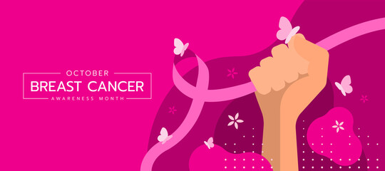 Breast cancer awareness month banner with hand fight and hold pink ribbon sign and butterfly flying around on abstract curve sharp and circles dot texture background vector design