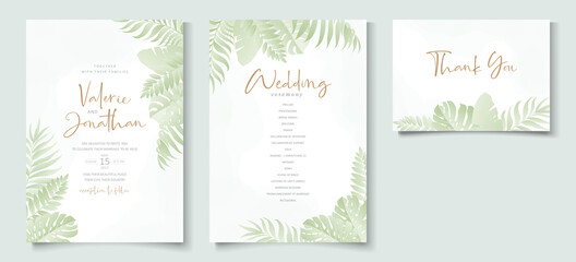 Fototapeta na wymiar Wedding invitation template with tropical leaf design