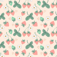 Sweet strawberry seamless pattern in simple hand drawn style. Pink berries, green leaves, white flowers on light background. Digital vector illustration for textiles, wrapping, summer sales banner.