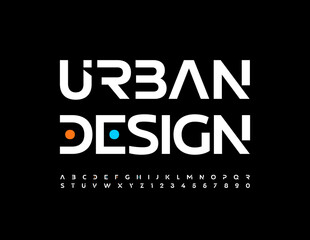 Vector trendy sign Urban Design. White unique Font. Stylish set of Alphabet Letters and Numbers