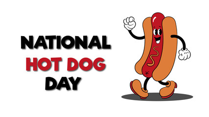 National Hot Dog Day July 21. Cartoon hot dog with mustard, American flag, and lettering. Food concept. Poster, card, banner.