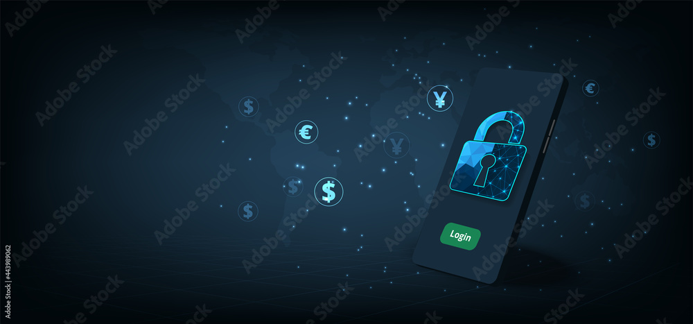 Aufkleber mobile financial transactions security concept.smartphone with padlock lock on dark blue background.