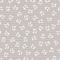 Vector grey scattered pen sketched music notes pattern with stripes 02. Perfect for fabric, gift wrap and wallpaper projects.