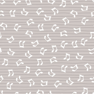 Vector grey scattered pen sketched music notes pattern with stripes 02. Perfect for fabric, gift wrap and wallpaper projects.