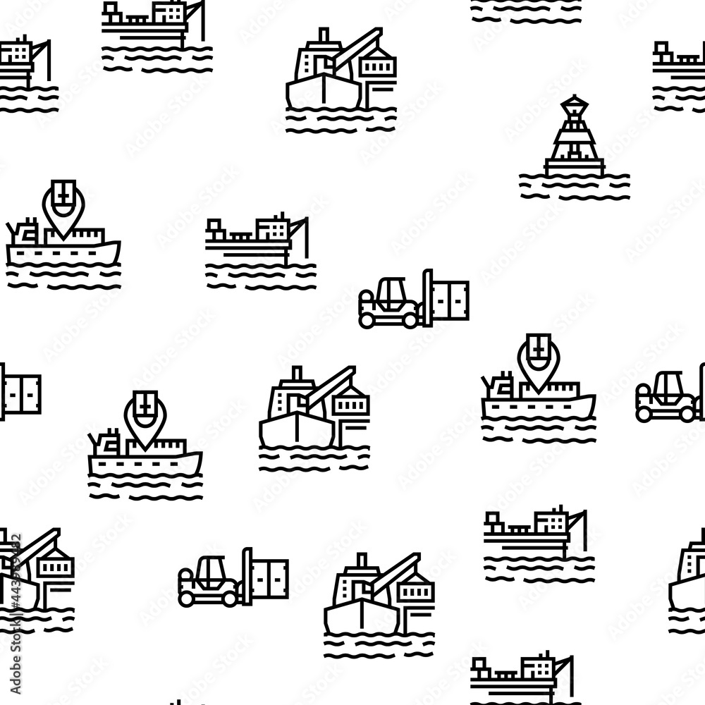Poster container port tool vector seamless pattern thin line illustration