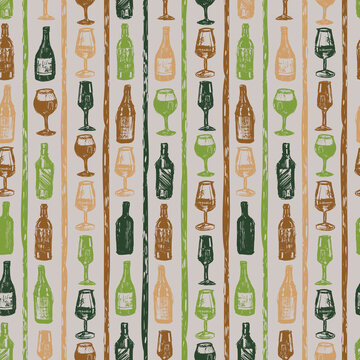 Vector grey wine bottles and glasses sketch doodle vertical stripe seamless pattern. Perfect for fabric, restaurant menu and wallpaper projects.