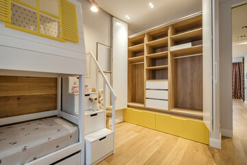 Modern apartment interior in children room  with wooden bunk bed - obrazy, fototapety, plakaty