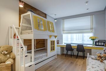 Modern apartment interior in children room  with wooden bunk bed