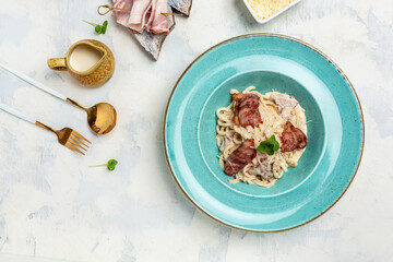 Pasta Carbonara. Spaghetti with bacon and cream sauce. Italian food concept. banner, menu, recipe place for text, top view