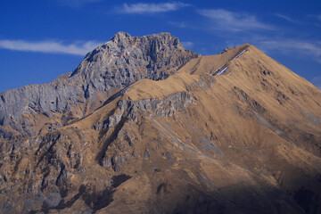 Caucasus, Ossetia. Kurtat gorge. Massif Tbau from the west. 