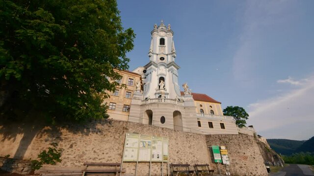 Oldtown Durnstein along the Danube River in the picturesque Wachau Valley. Close up view of D&uuml;rnstein Abbey at sunset. Former monastery in Wachau, Lower Austria.