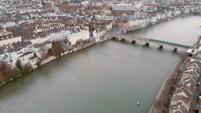 Fly-over Historic Middle Bridge across Rhine River, Basel, Switzerland