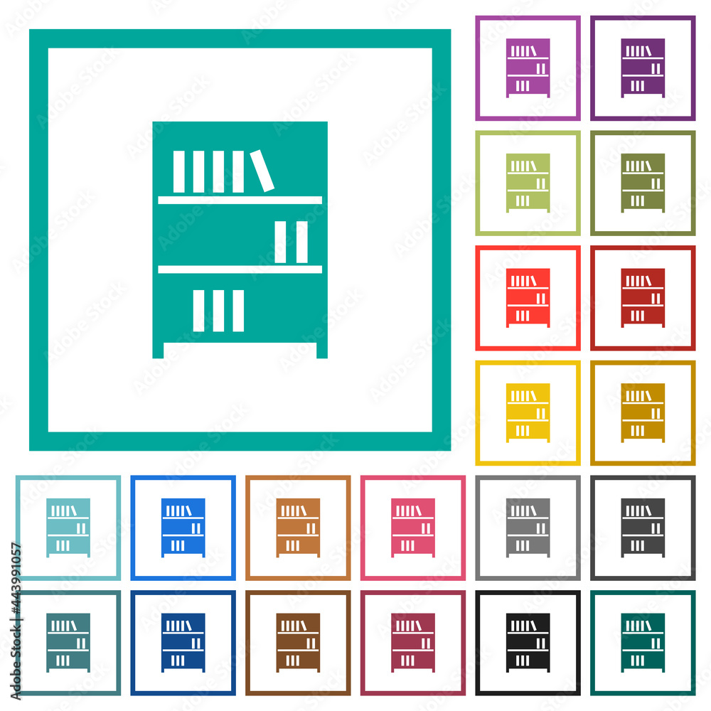 Poster bookshelf with books solid flat color icons with quadrant frames