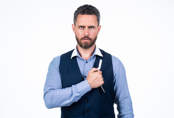 handsome man hold retro razor blade, barbershop