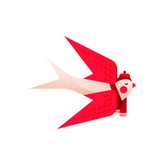 Valentine Sticker. Modern Flat Vector Concept Illustrations. Pigeon with Red Wings and Scarf and Winter Hat Icon. Social Media Ads.