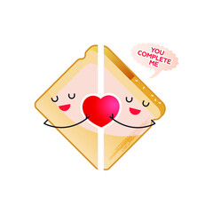Valentine Sticker. Modern Flat Vector Concept Illustrations. Two Halves of Bread with Heart Icon. You Complete Me Quote on Bubble. Social Media Ads.